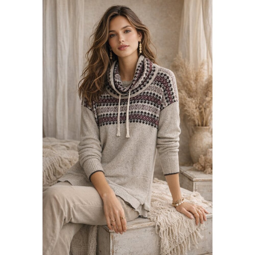 Eddie Bauer Sweater Hoodie Women’s M Fair Isle Cowl Neck Gray Pullover Knit Wool